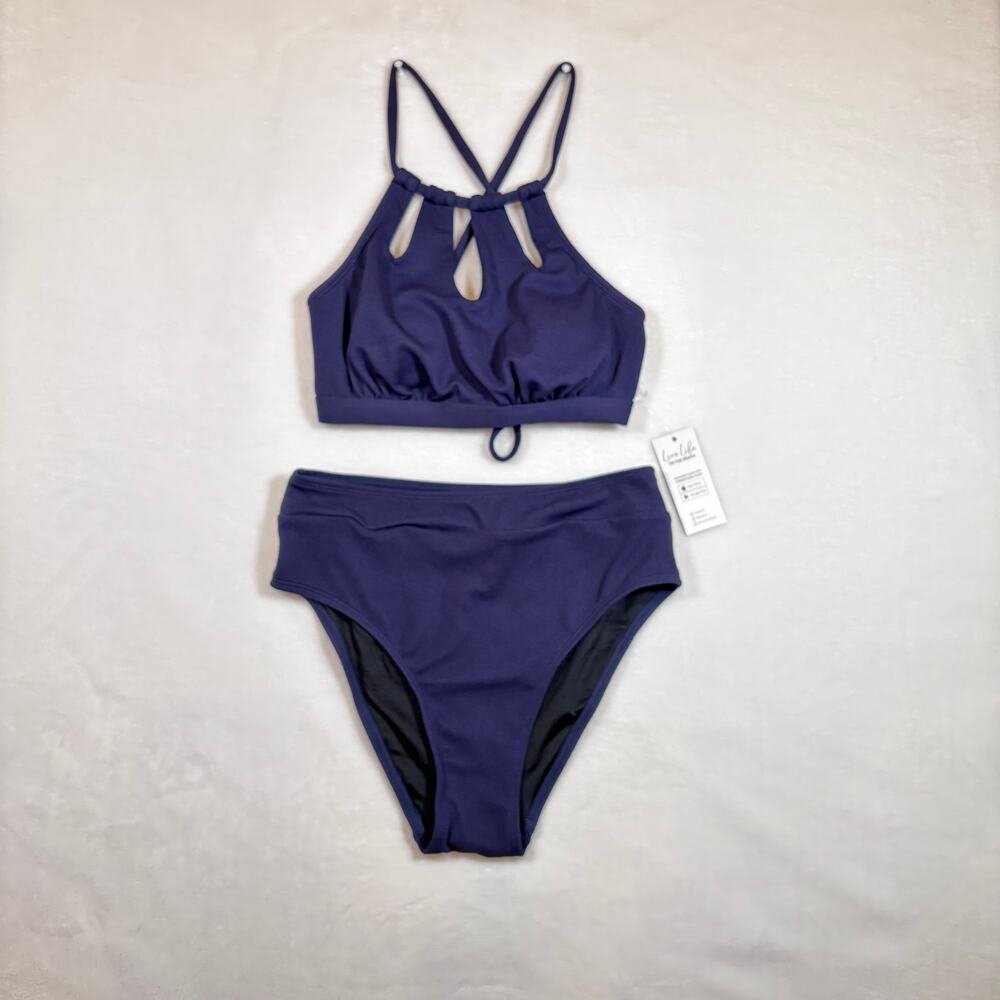 NWT Cupshe Navy Blue High Neck Bikini Set w/ Strappy Back & Keyhole Detail Sz XS - Picture 4 of 14